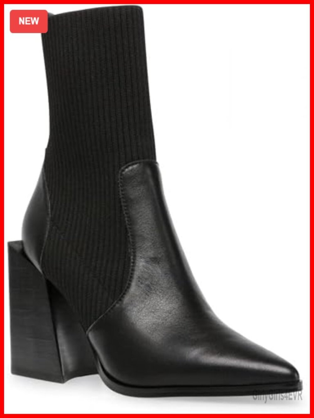 Chunky Stacked Heel Ankle Boots Pointed Toe Slip On Ribbed Knit Sock Boot